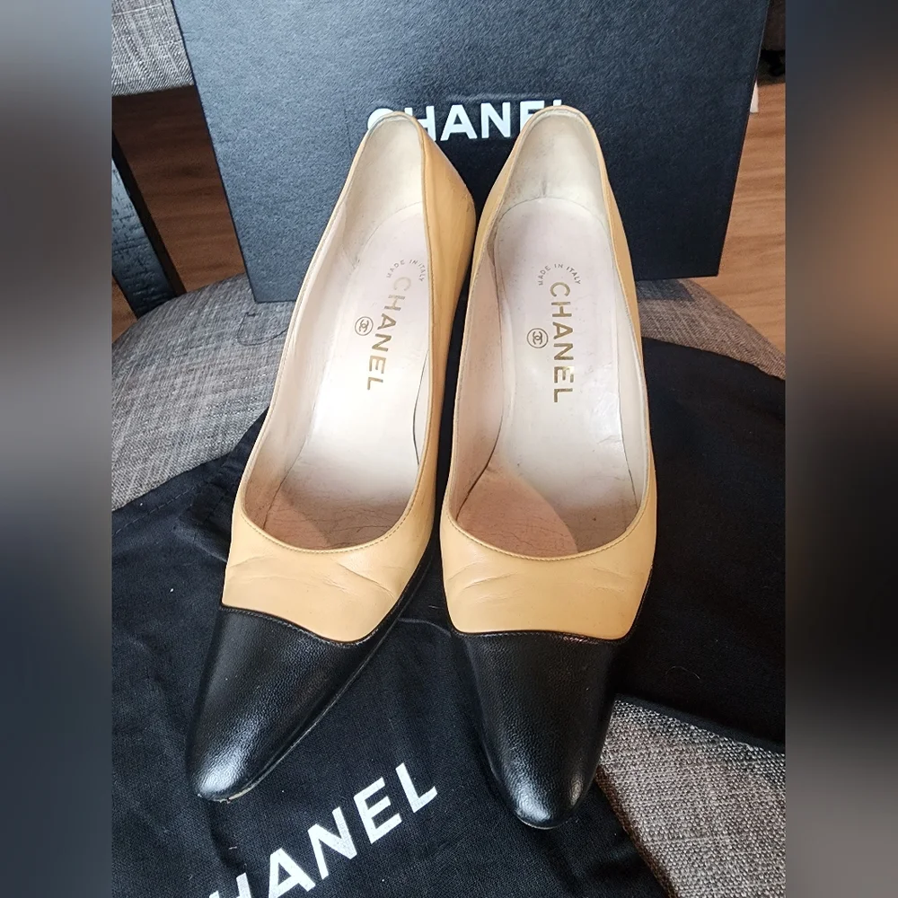 Authentic CHANEL Black and Tan Heels - Picture 1 of 15